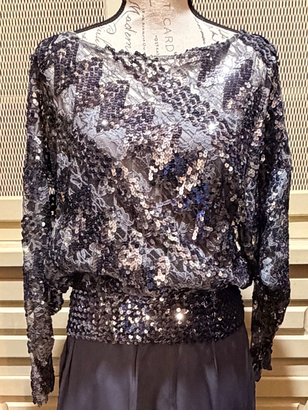 Vintage I. Magnin 2-Pc Sequin Lace Blouse & Camisole Set